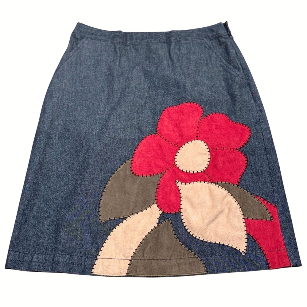 Telluride Clothing Co Denim Floral Applique A Line Midi Skirt Women Size 2